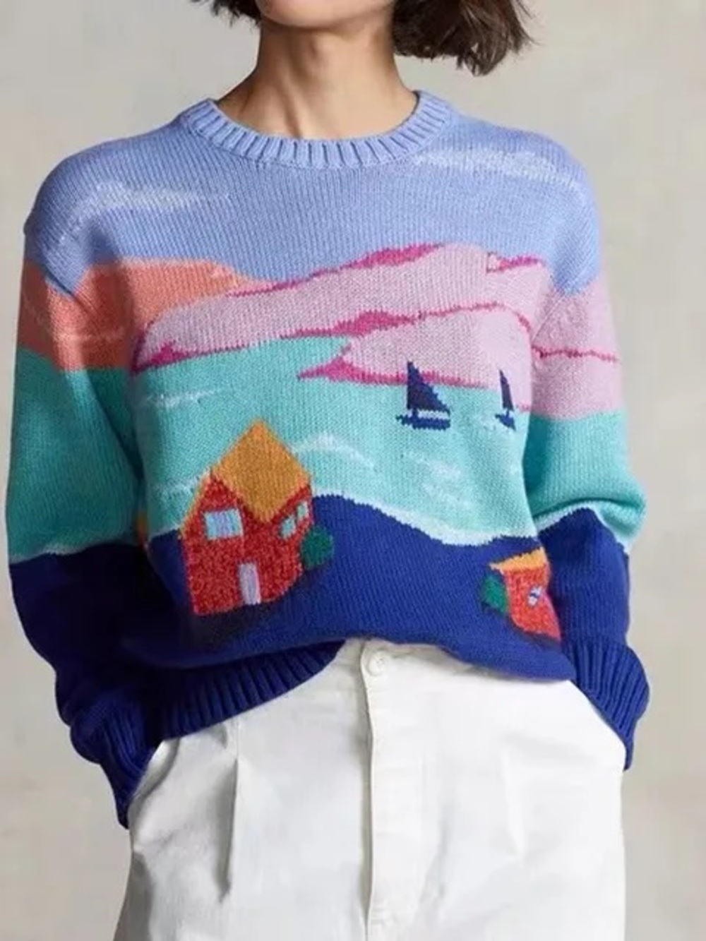 Polo by Ralph Lauren Multicolor Scenic Crewneck Sweater - Blue, Pink, Turquoise